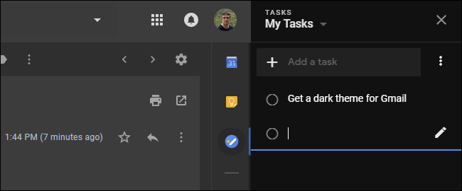 Пример затемнения боковой панели Google Calendar, Keep и Tasks