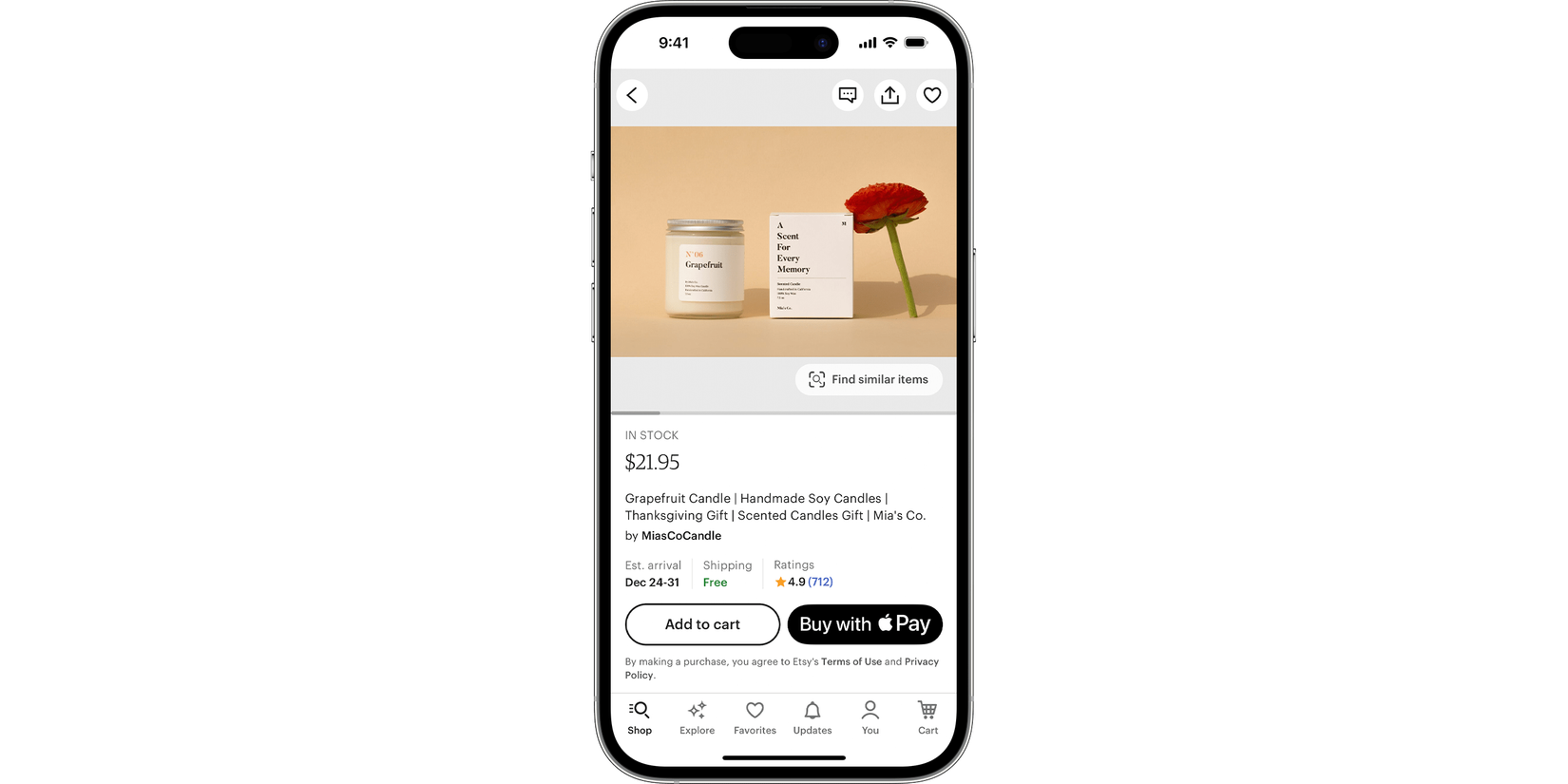 iPhone 14 с приложением Etsy и опцией оплаты через Apple Pay