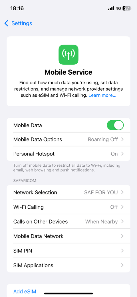 Опции сотовой связи в настройках iPhone