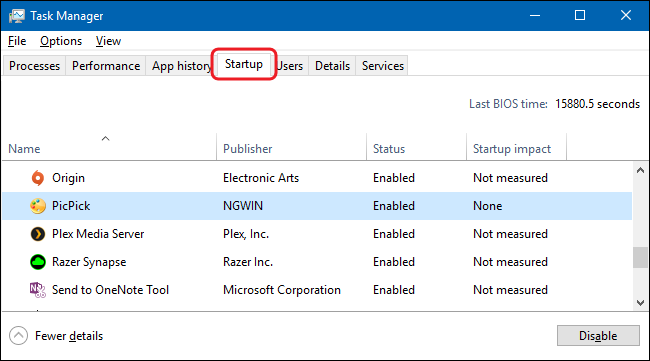 Вкладка Автозагрузка в Диспетчере задач с списком приложений
