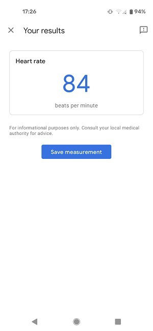 Результат измерения пульса в Google Fit