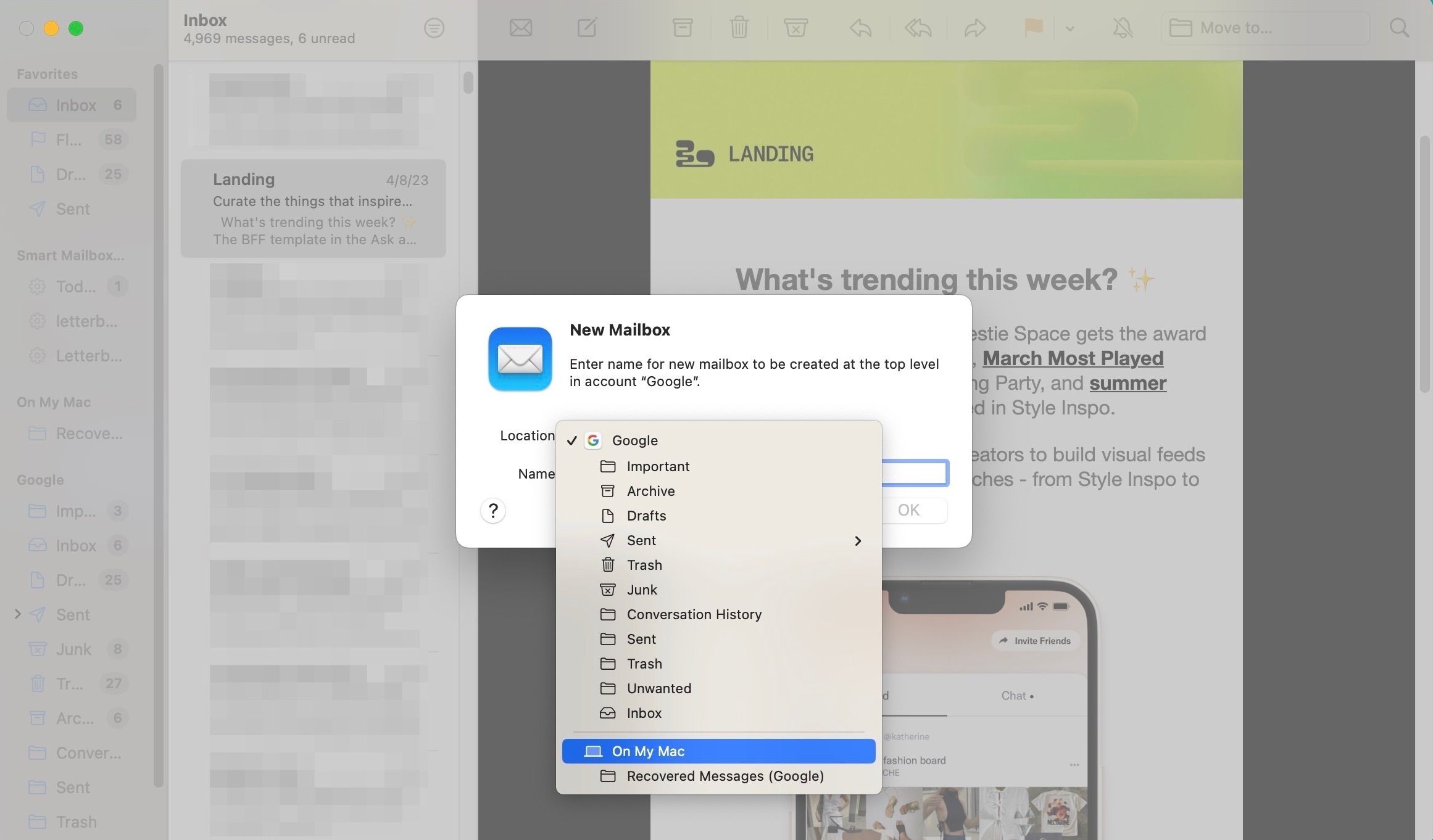 Создание нового почтового ящика в Mail на macOS: диалог выбора местоположения и имени