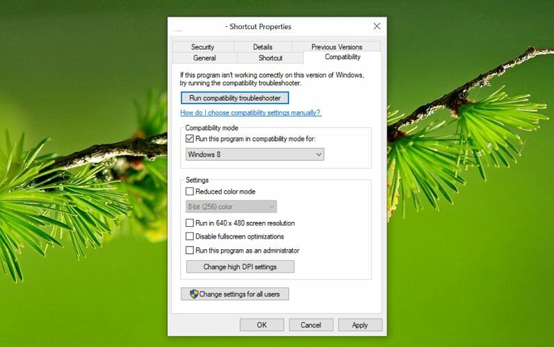 Запуск игры в режиме совместимости Windows XP на Windows 10 — пример окна свойств ярлыка