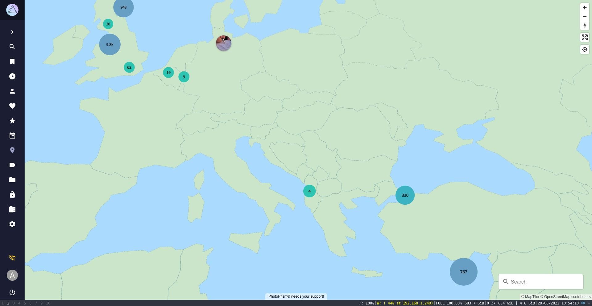 photoprism map showing locations in the UK, Europe, and Turkey