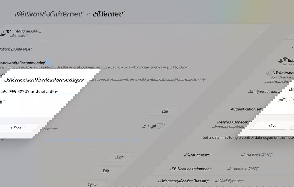 Отключение IEEE 802.1X в настройках Ethernet