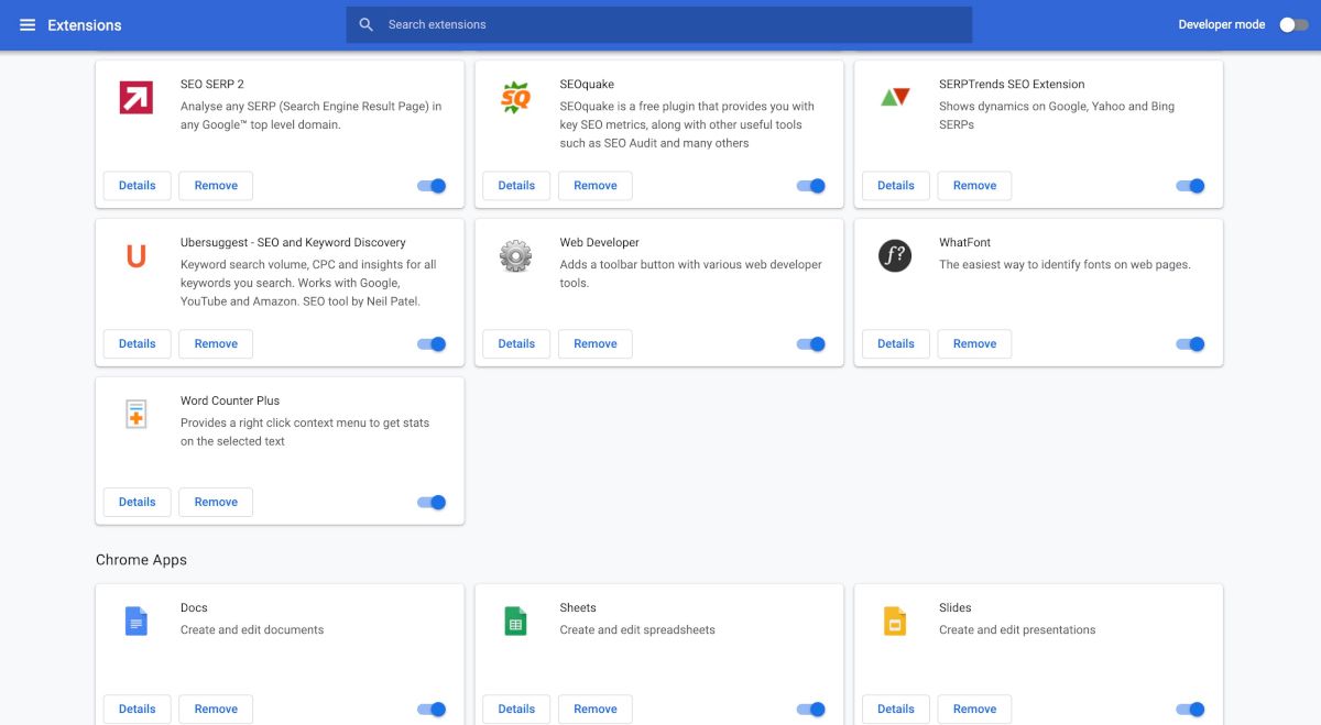 Меню расширений Chrome — список установленных расширений