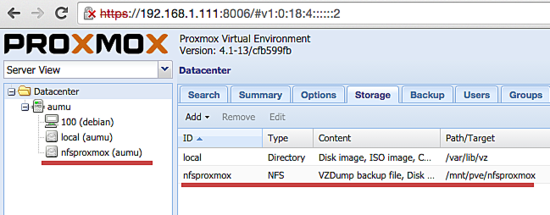 Подключенное NFS-хранилище в Proxmox.