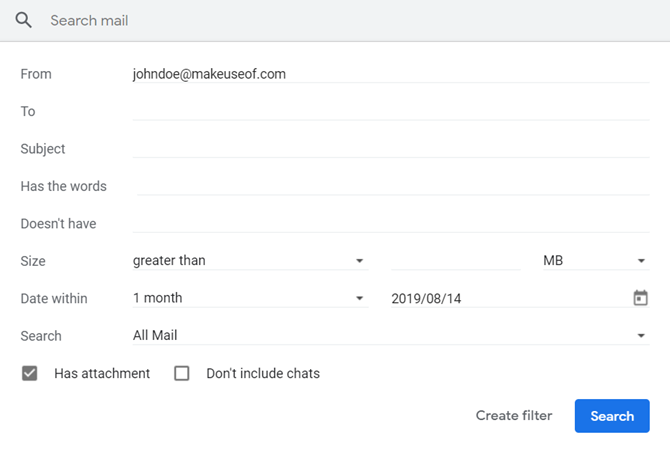 Окно расширенного поиска Gmail с отмеченным полем