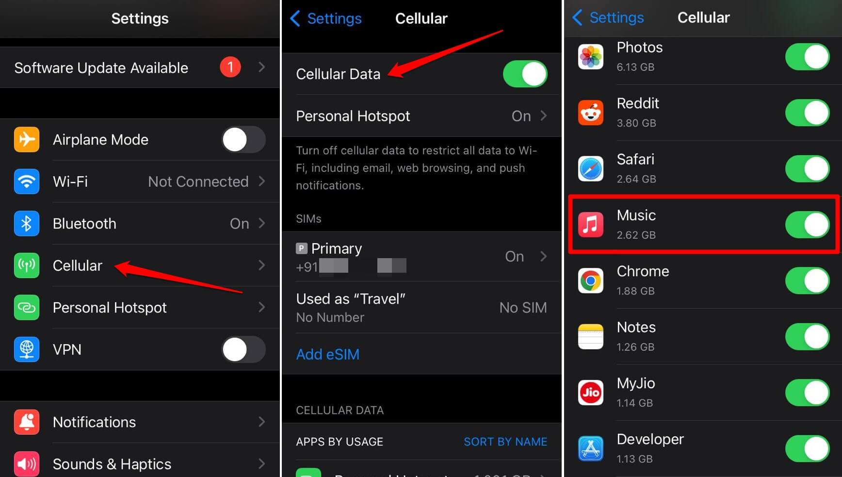 Разрешение мобильных данных для Apple Music в настройках