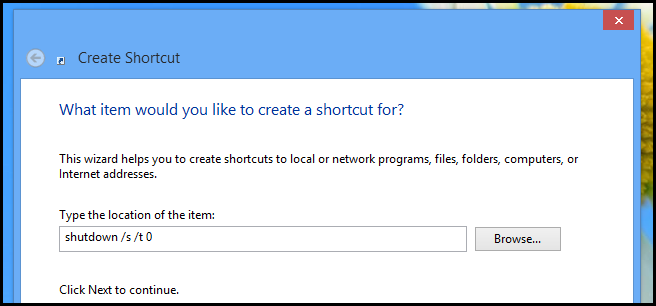 Ввод команды shutdown в создании ярлыка