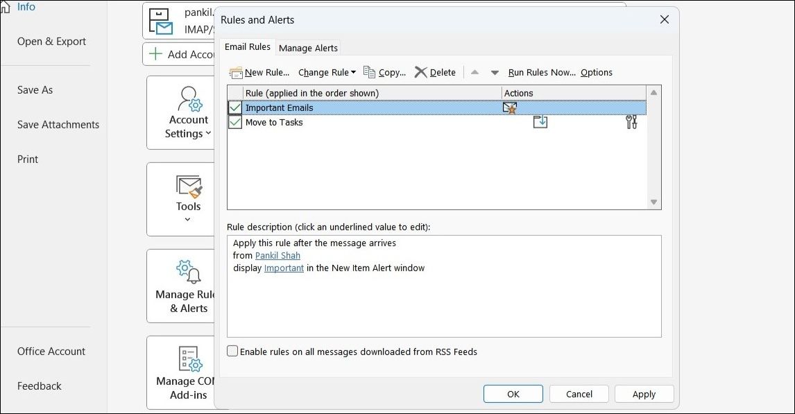 Включение правил Outlook в списке правил