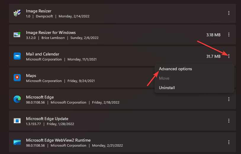 Кнопка с тремя точками для Почта и Календарь