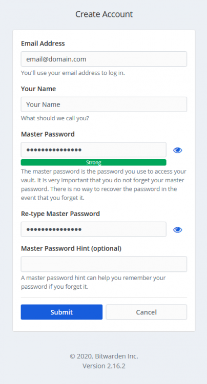 Экран регистрации Bitwarden