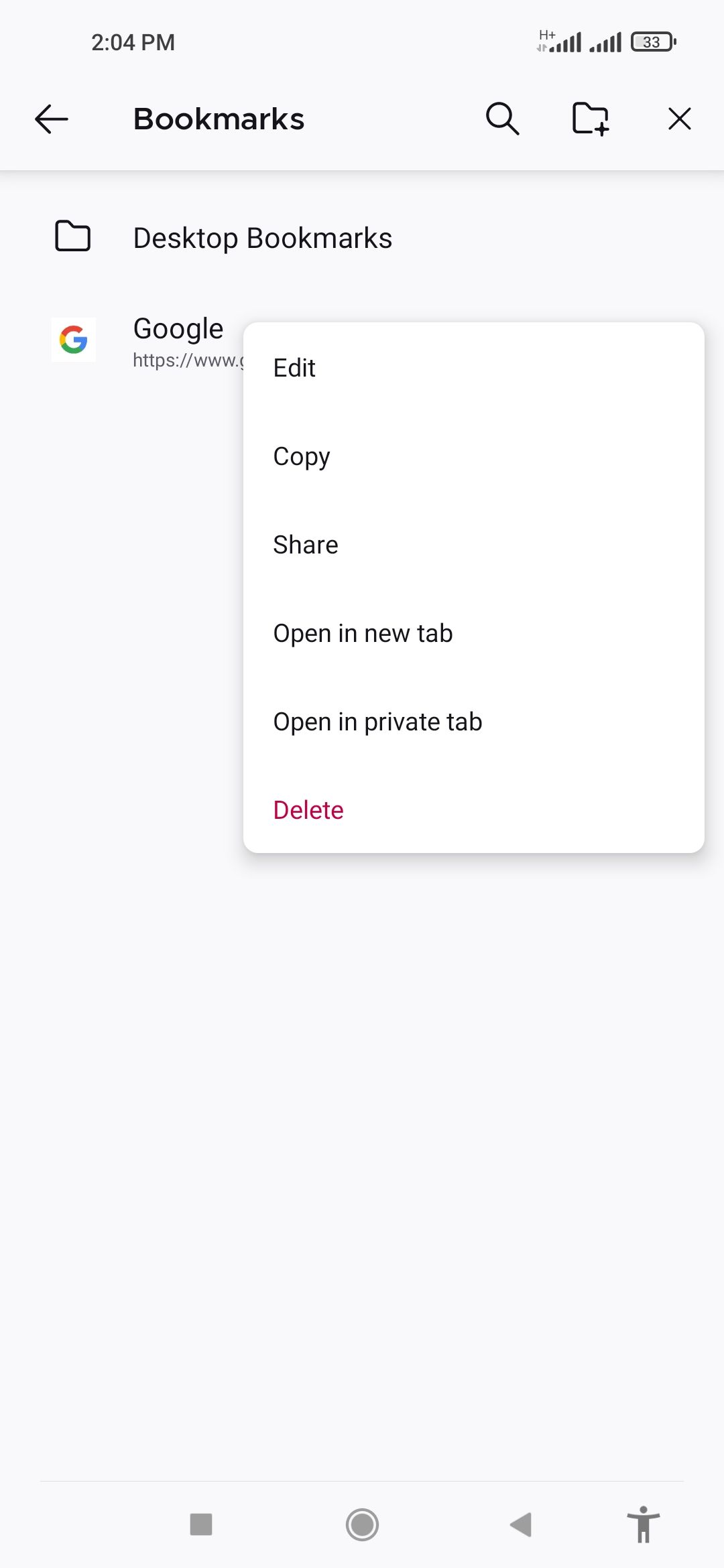 Выбор пункта Поделиться в меню закладки Firefox на Android