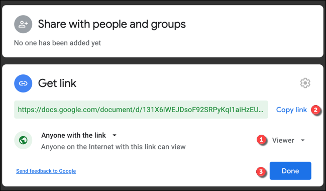 Установите параметры доступа «Просмотр», нажмите «Скопировать ссылку», затем «Готово» для сохранения новых настроек.