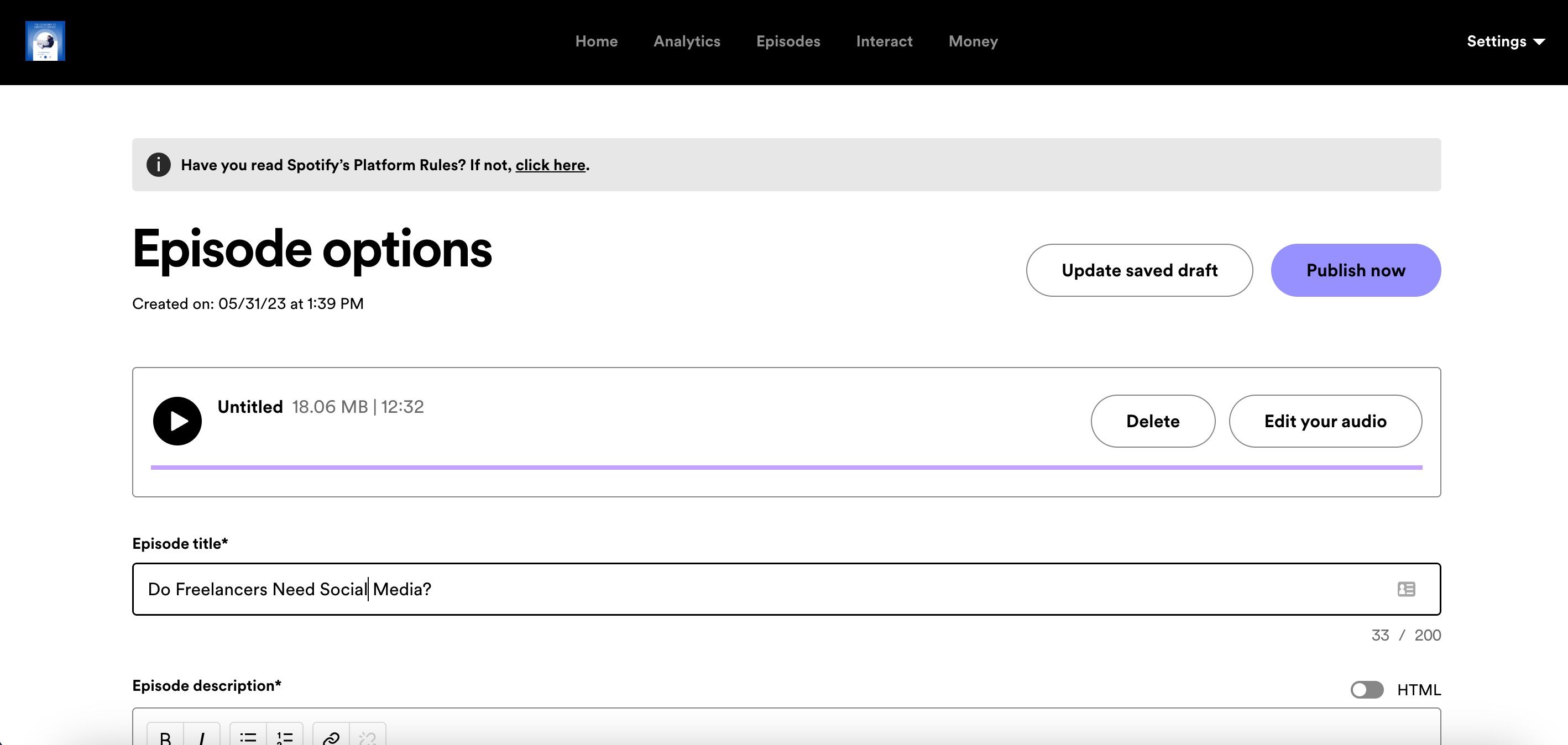 Процесс загрузки подкаста в Spotify