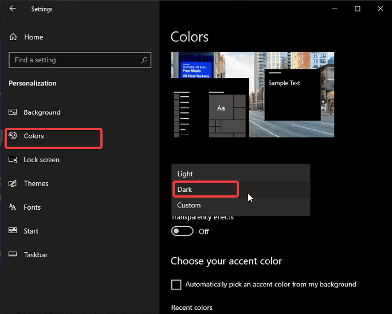 Выбор тёмной темы в Windows 10