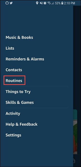 Список разделов настроек в приложении Alexa с выделенной опцией «Routines»
