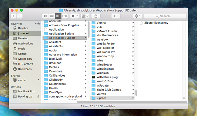 Размещение лицензионного файла Zipster в папке Application Support