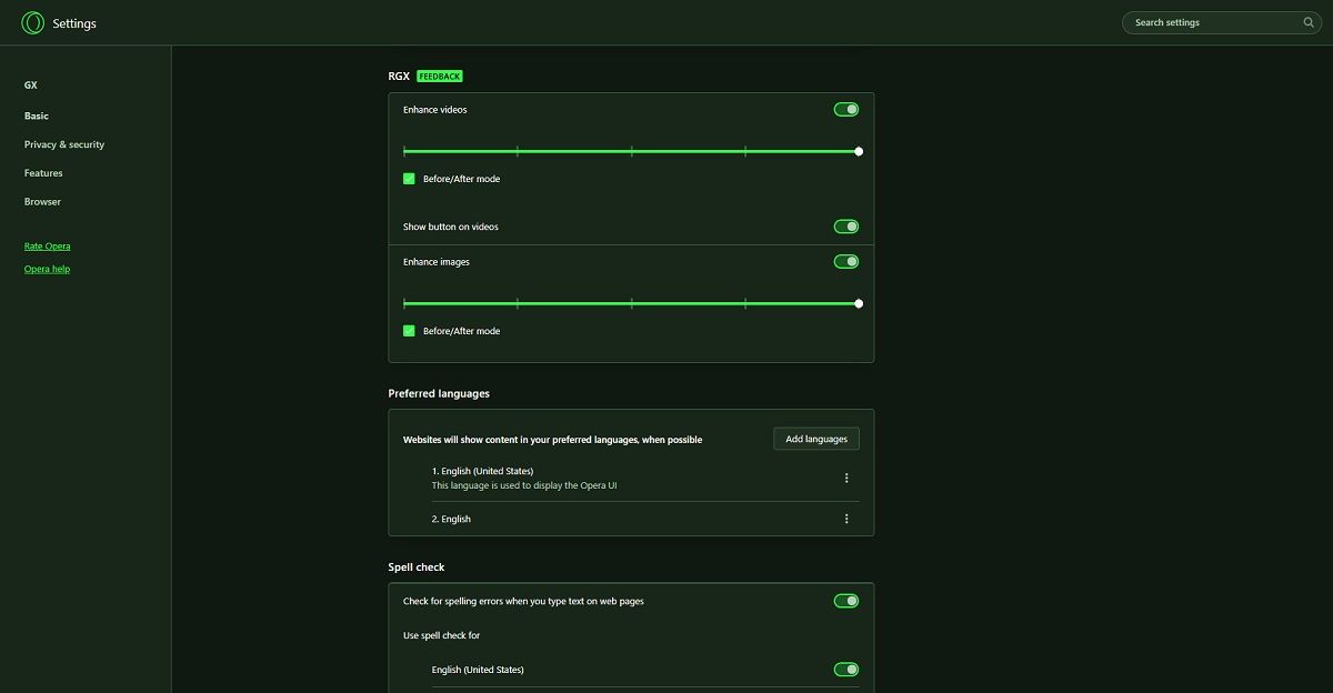 RGX Mode включён в настройках Opera GX
