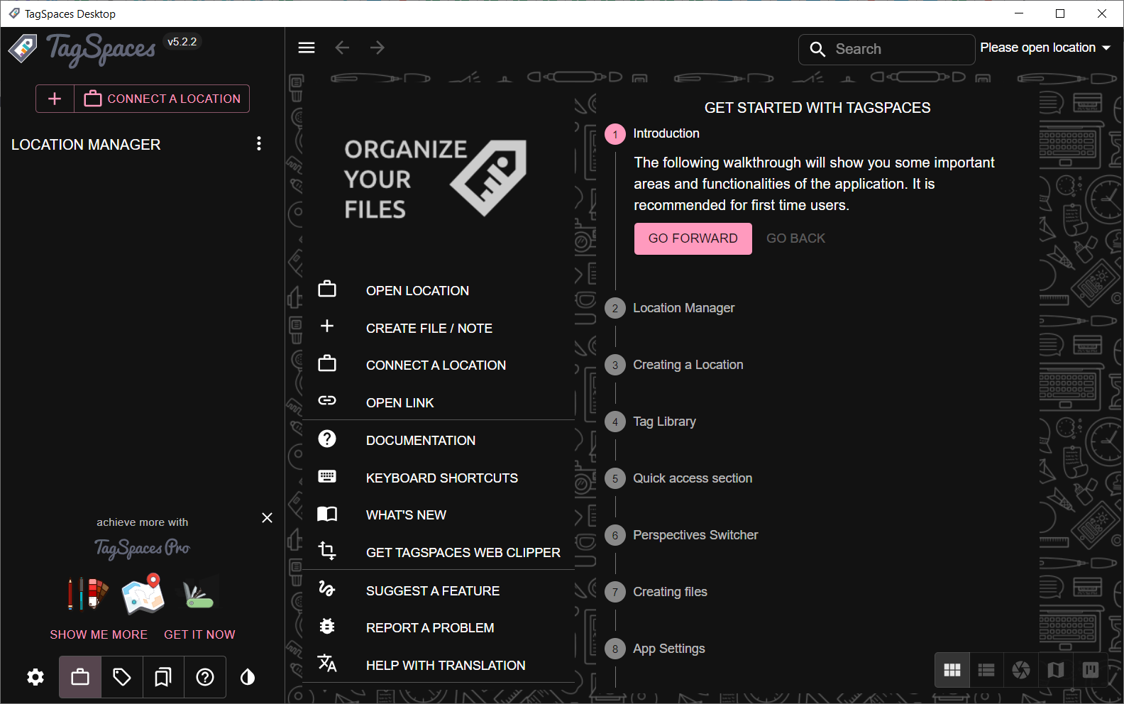 Экран приветствия TagSpaces после установки