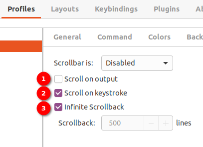 Настройки прокрутки в Terminator