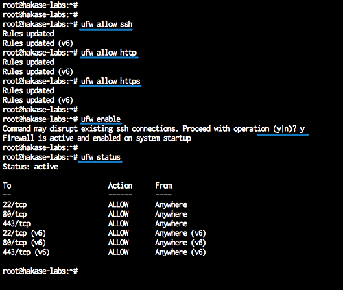 Включение UFW и правила для SSH/HTTP/HTTPS