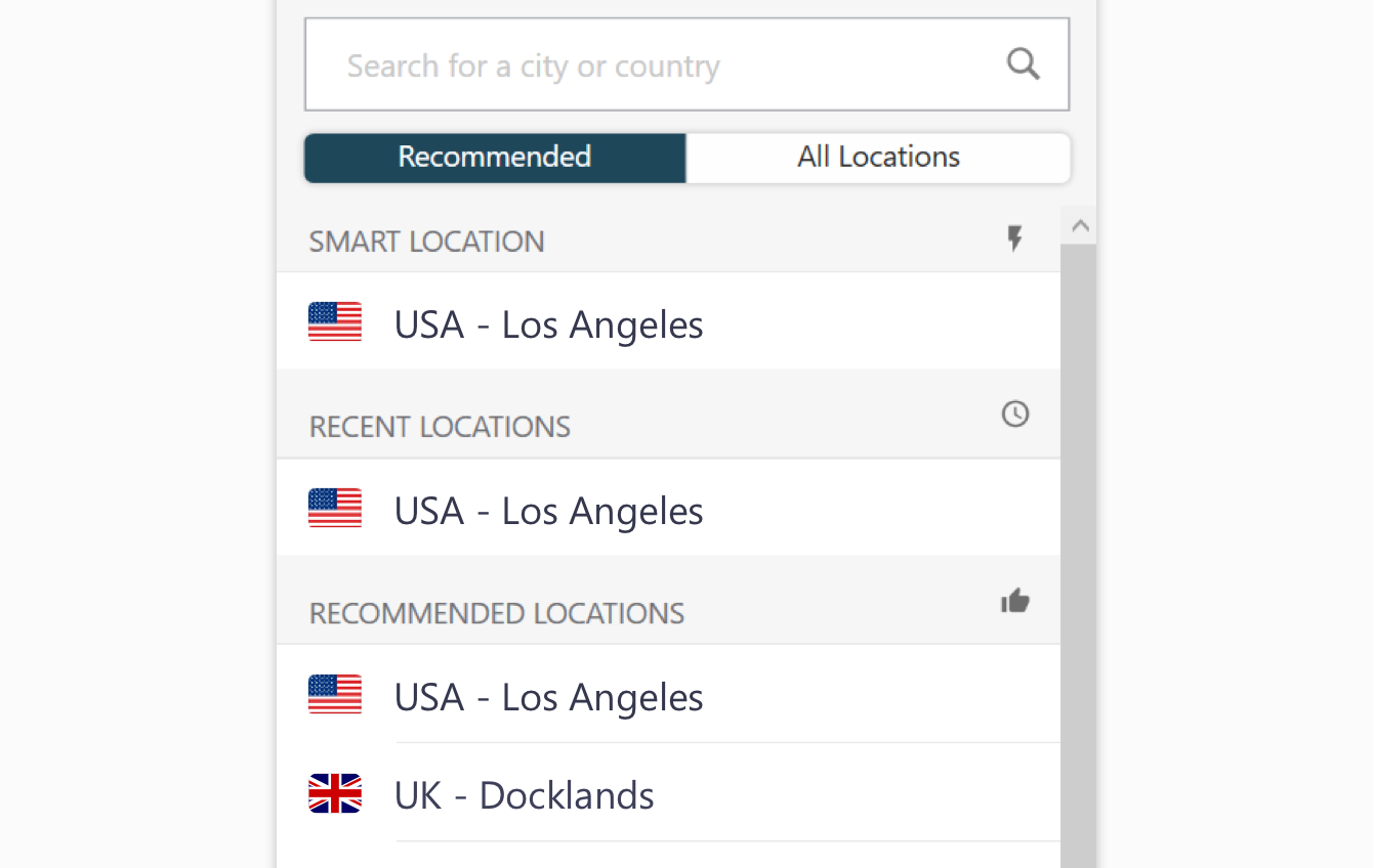 Список серверов ExpressVPN в клиенте