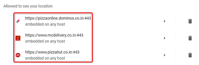 Список сайтов, имеющих доступ к местоположению в Chrome на рабочем столе.