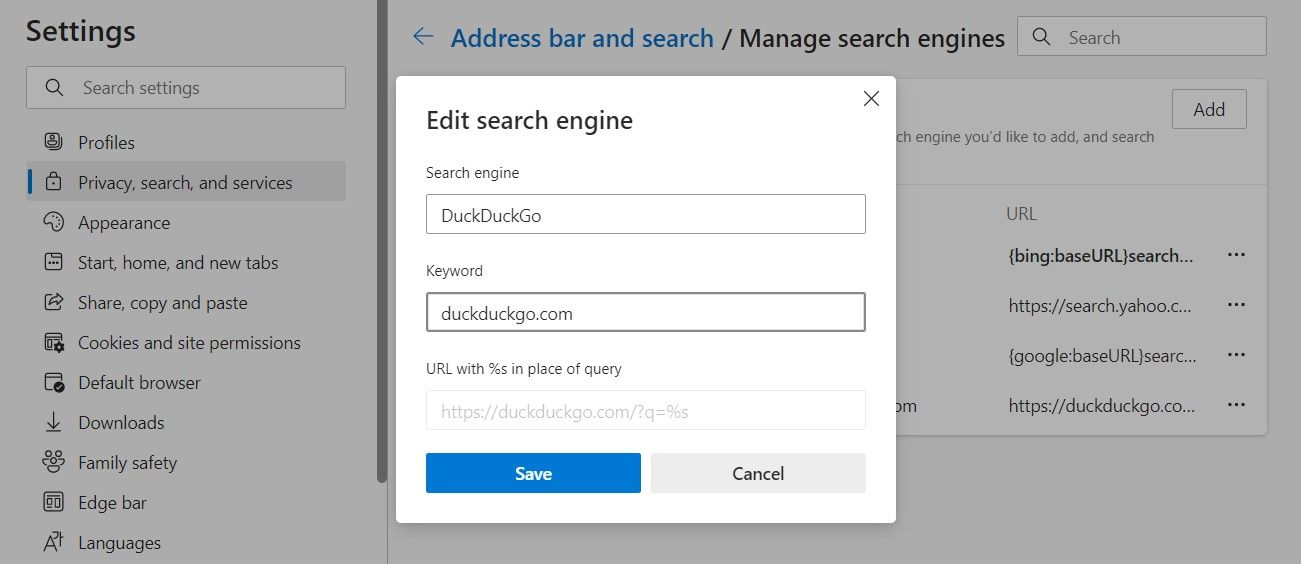 Добавление DuckDuckGo как поисковой системы в Microsoft Edge