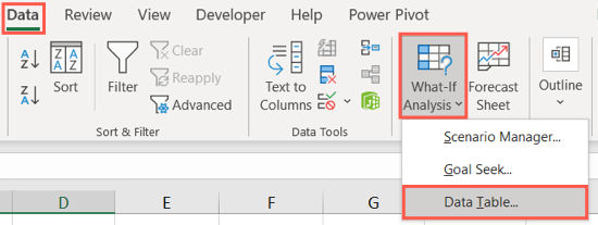 Data Table on the Data tab