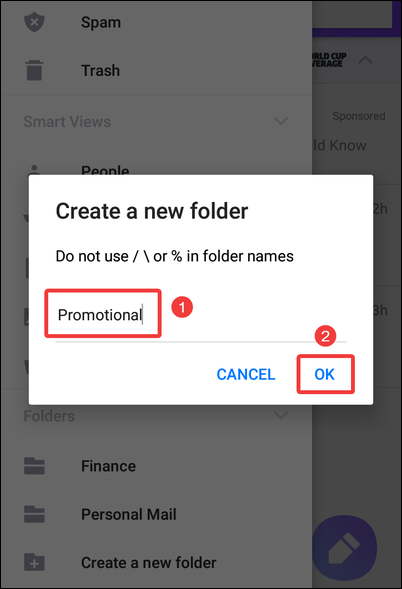 Окно ввода имени папки в мобильном приложении