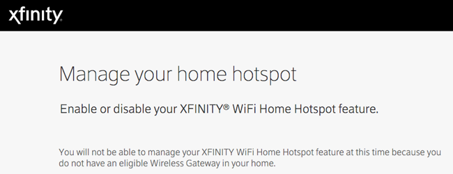 Диалоговое окно для управления домашней точкой доступа в аккаунте Xfinity