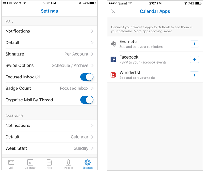 Настройки приложения Outlook на iPhone
