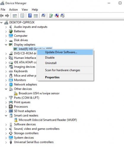 Пункт меню для обновления драйвера видеокарты