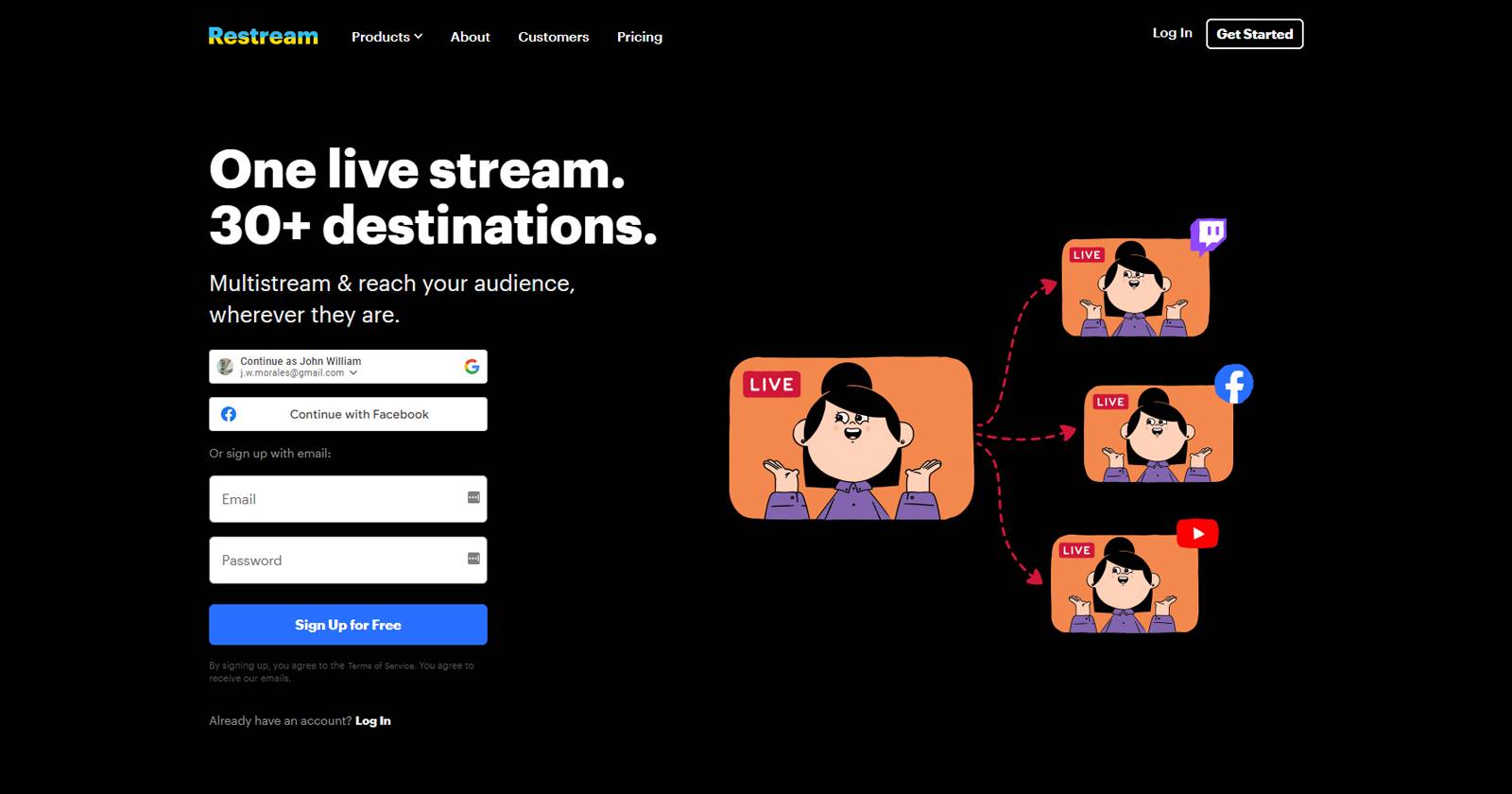 Restream homepage screenshot