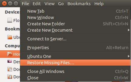Опция восстановления пропавших файлов в меню файлового менеджера