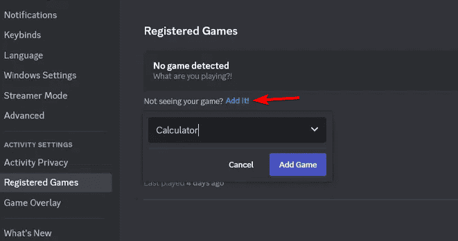 Добавить приложение в Discord: окно добавления игры