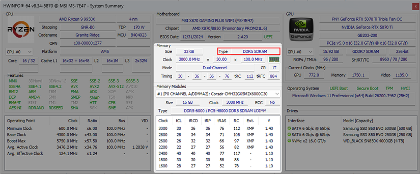 Определение типа оперативной памяти в HWiNFO.