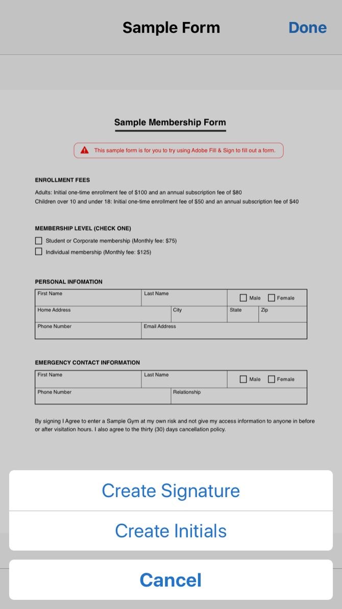 Adobe Fill and Sign Signature