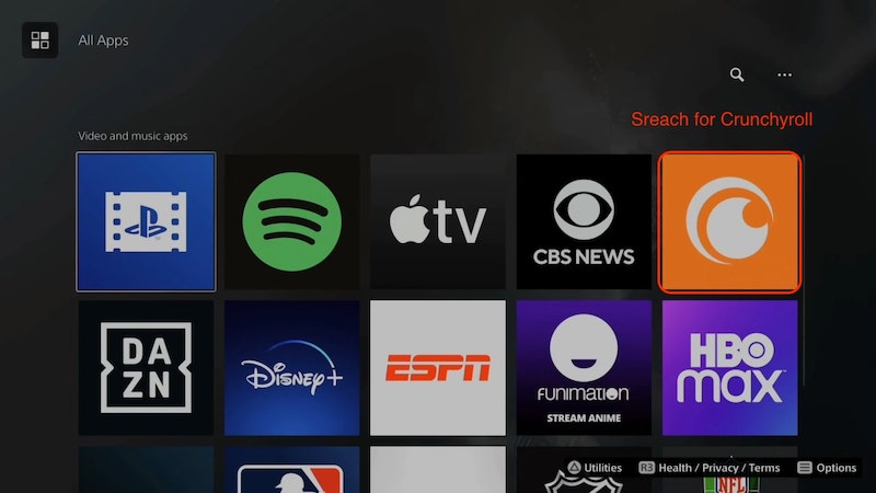 Поиск Crunchyroll в списке приложений на PS5