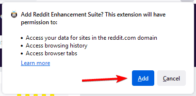 Подтверждение добавления расширения в Firefox