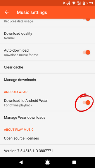 Включение опции скачивания на Android Wear в настройках Play Music