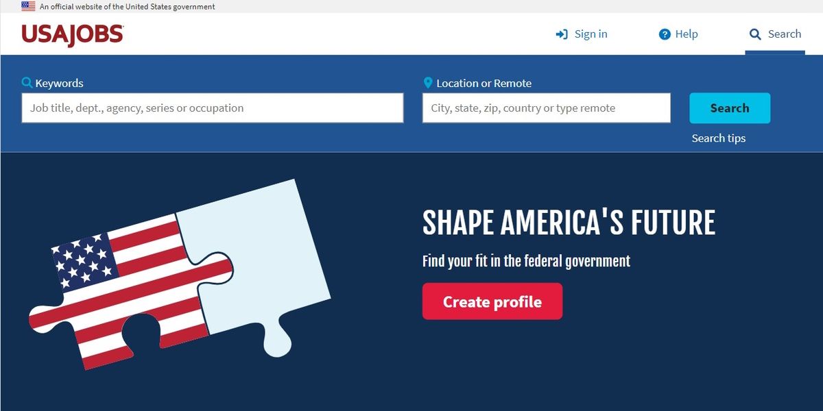 Главная страница сайта USAJobs.gov, интерфейс поиска вакансий.