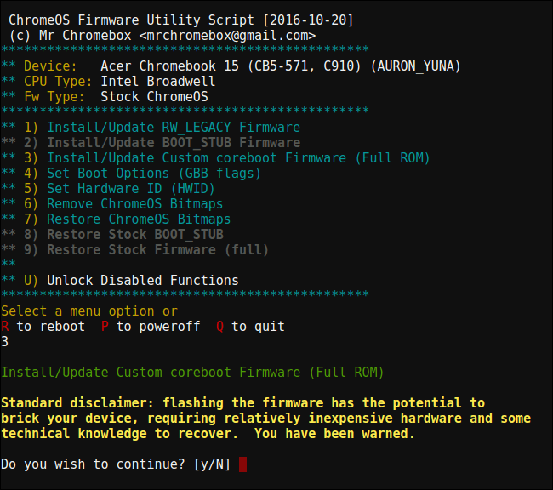 меню скрипта mrchromebox: выбор Custom coreboot Firmware (Full ROM)