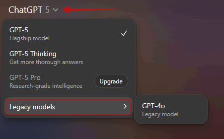 Selezione modello ChatGPT-4o su PC