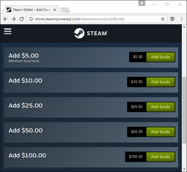 Страница пополнения баланса Steam