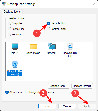 Диалог выбора значков рабочего стола с пунктом Корзина