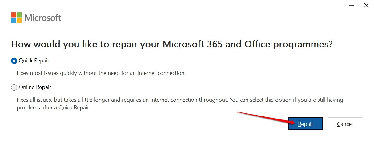 Диалог восстановления Microsoft Office