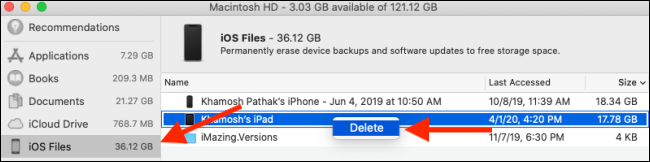 Выберите 'Удалить' для резервной копии iOS